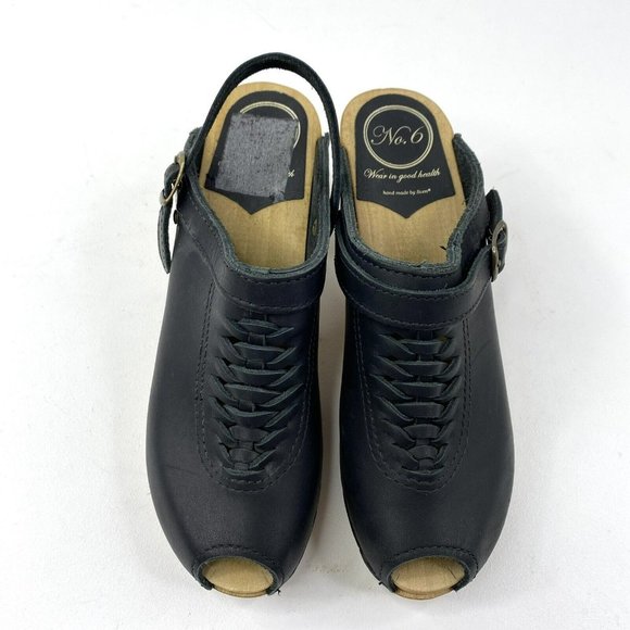 No. 6 Sven Clog Woven Slingback Peep Toe Wooden Heel Black Leather Shoes Size 38 - Picture 3 of 9